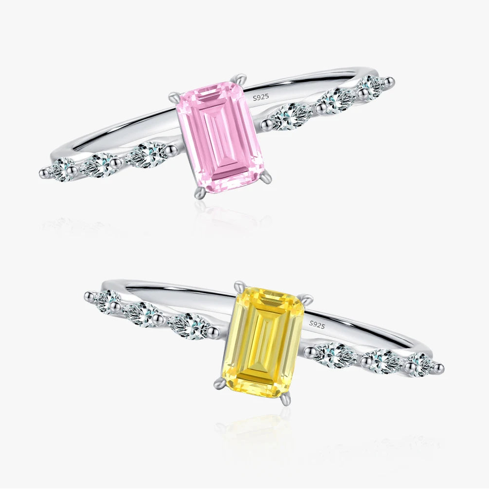 Bague en Argent 925 avec Zircon Rectangulaire Rose ou Jaune