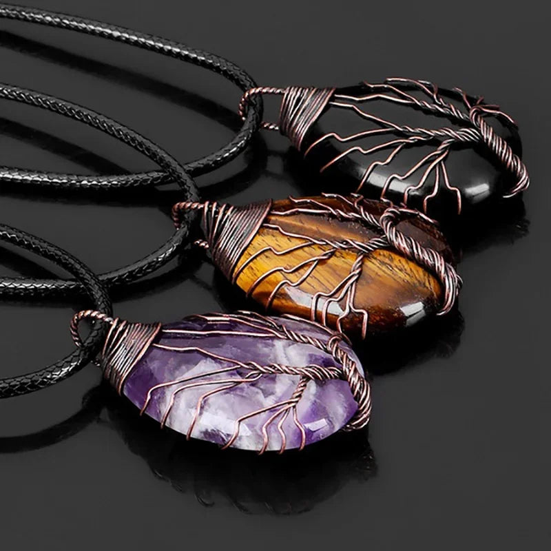 Collier Arbre de Vie 7 Chakras en Pierres Naturelles – 3 Pendentifs