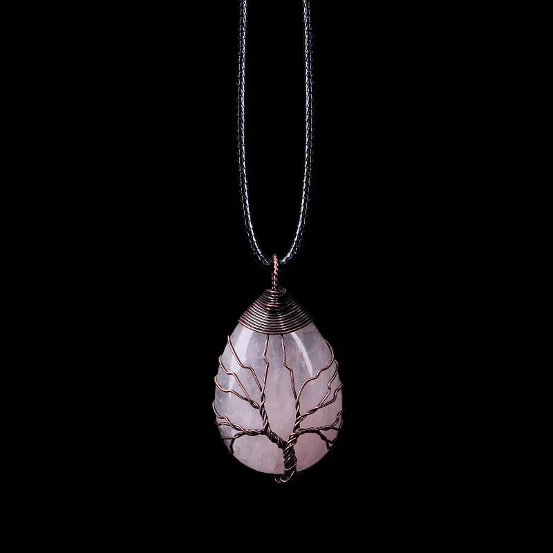 Collier Arbre de Vie 7 Chakras en Pierres Naturelles – Pendentif rose