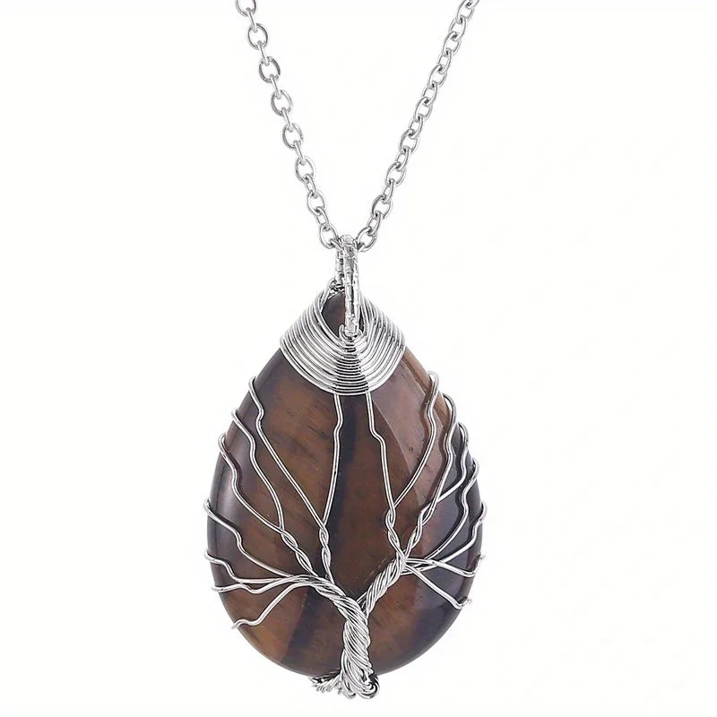Collier Arbre de Vie en Pierres Naturelles – Pendentif marron sur fond blanc