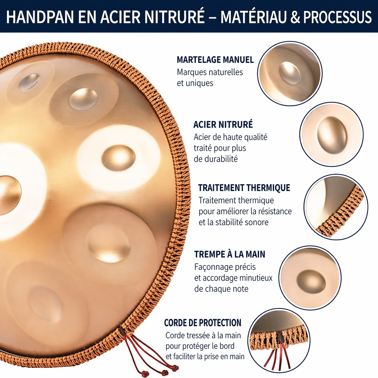 Handpan 440hz 9 notes en acier nitruré - kit compet- Sonorité pure et fabrication à la main