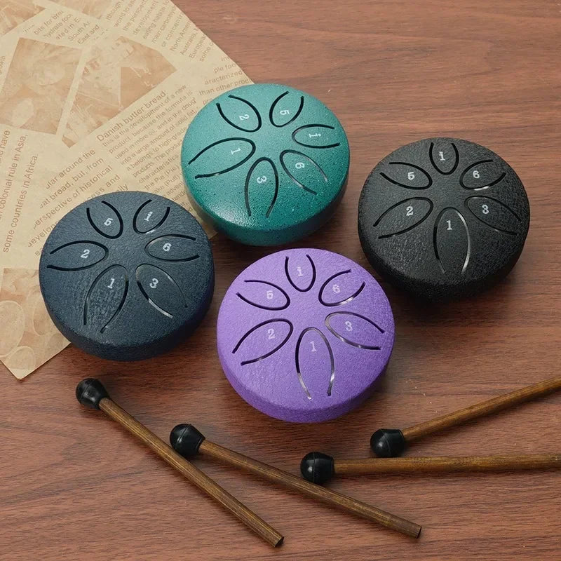 4 petits tambours en acier Mini Tongue Drum de 7,6 cm, 6 notes, en acier inoxydable. Instrument zen idéal pour méditation, relaxation et initiation musicale. 