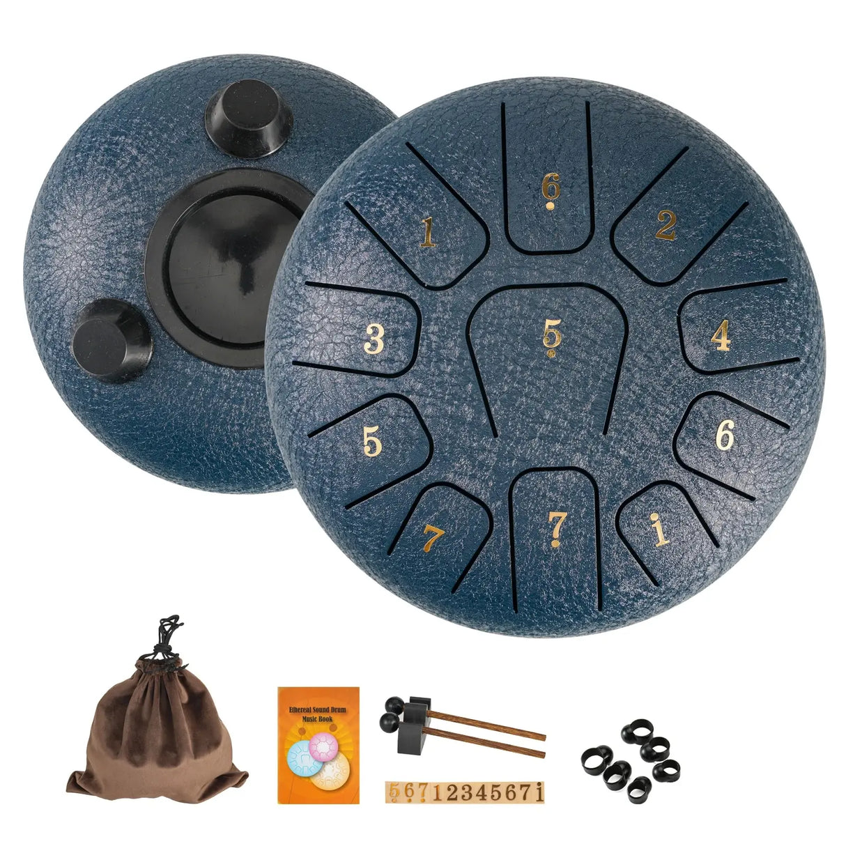Coffret complet pour Tambour bleu marine Tongue Drum noir 15 cm – 11 Notes | Instrument de Méditation et Relaxation