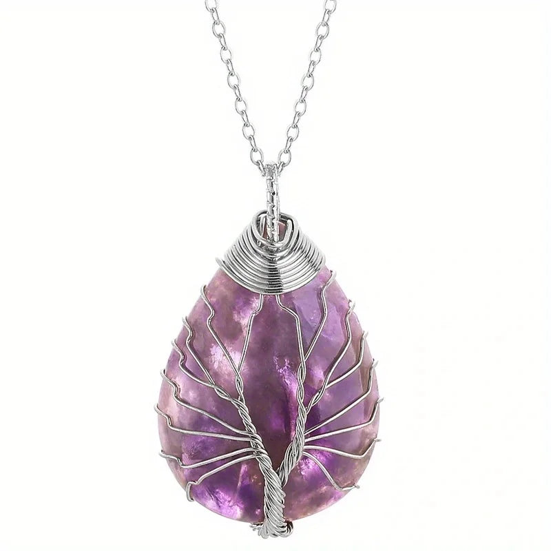 Collier Arbre de Vie en Pierres Naturelles – Pendentif amethyste argent sur fond blanc