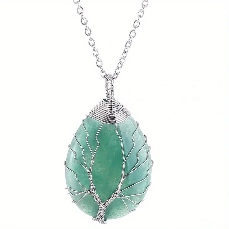 Collier Arbre de Vie en Pierres Naturelles – Pendentif aventurine argent sur fond blanc