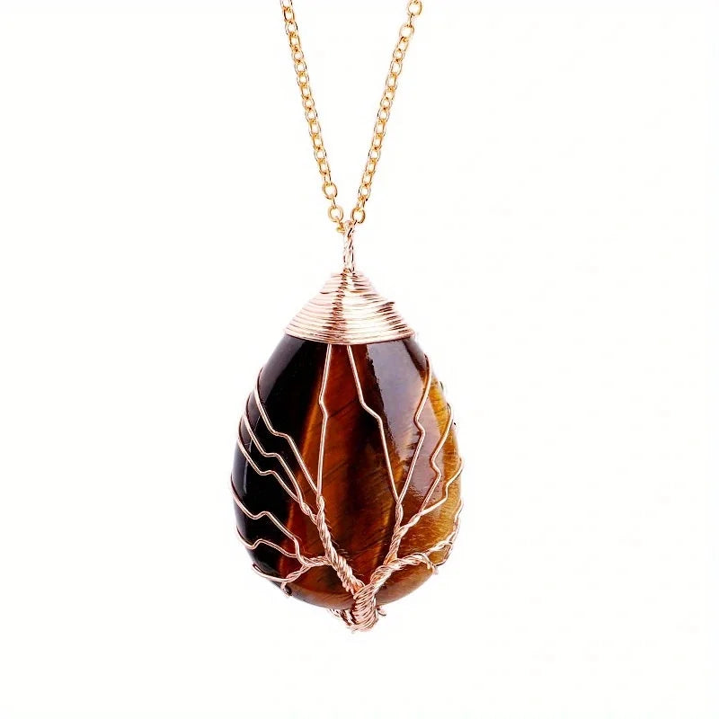 Collier Arbre de Vie en Pierres Naturelles – Pendentif oeil de tigre et or sur fond blanc