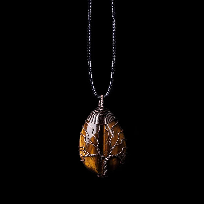 Collier Arbre de Vie en Pierres Naturelles – Pendentif oeil de tigre sur fond noir