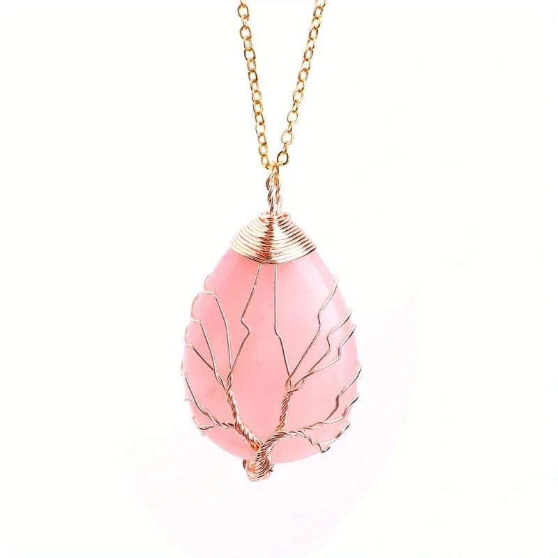 Collier Arbre de Vie en Pierres Naturelles – Pendentif rose sur fond blanc