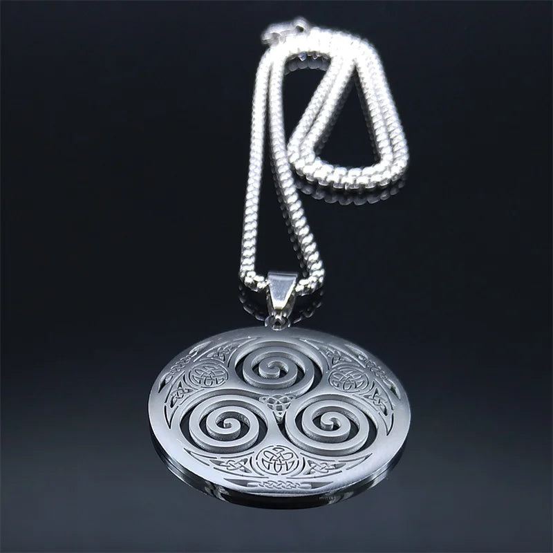 Collier Triskel Celtique en Acier Inoxydable – Pendentif Viking Spirale Argent