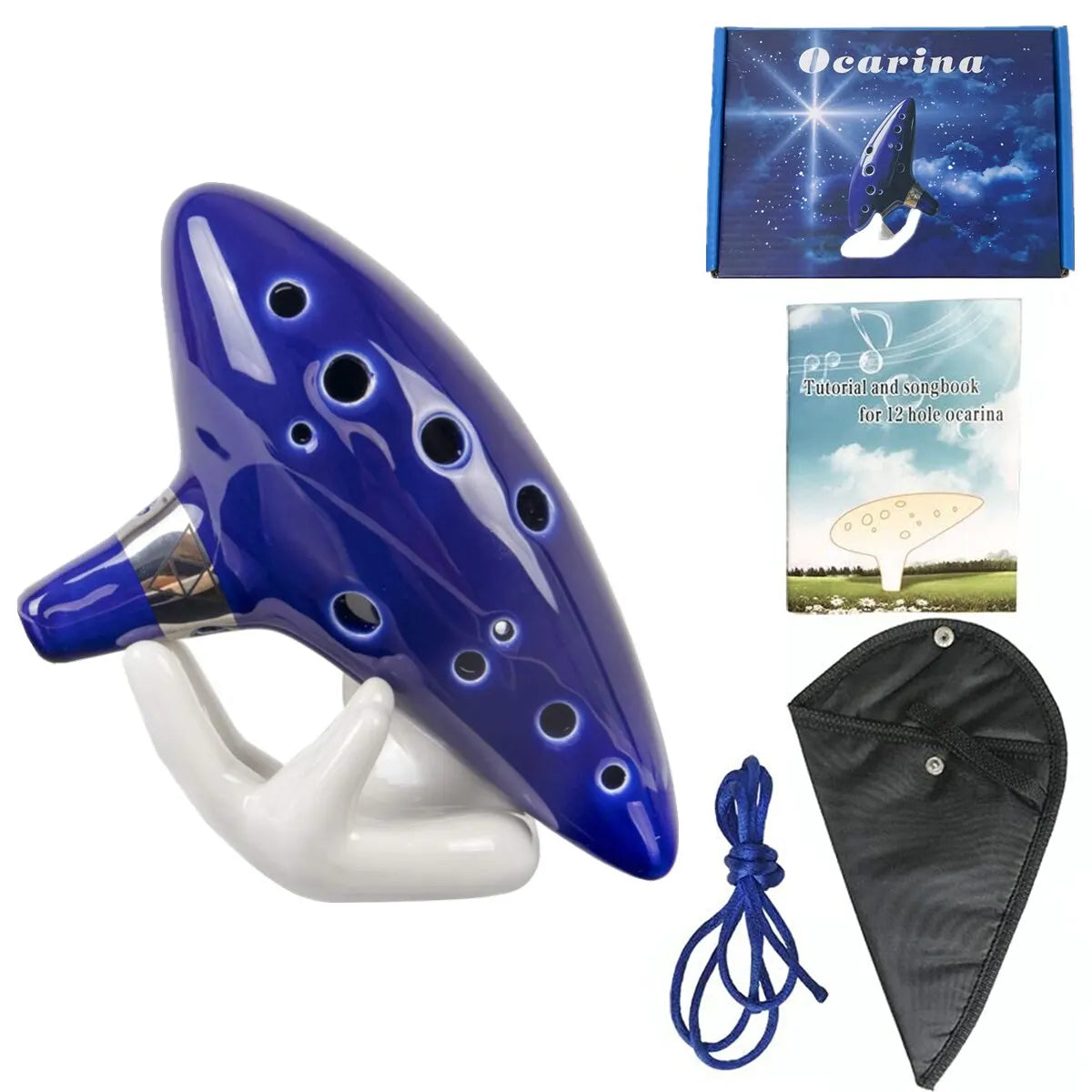 Ocarina 12 Trous Alto C en Céramique Bleue – Instrument Musical avec Livre de Chansons & Housse