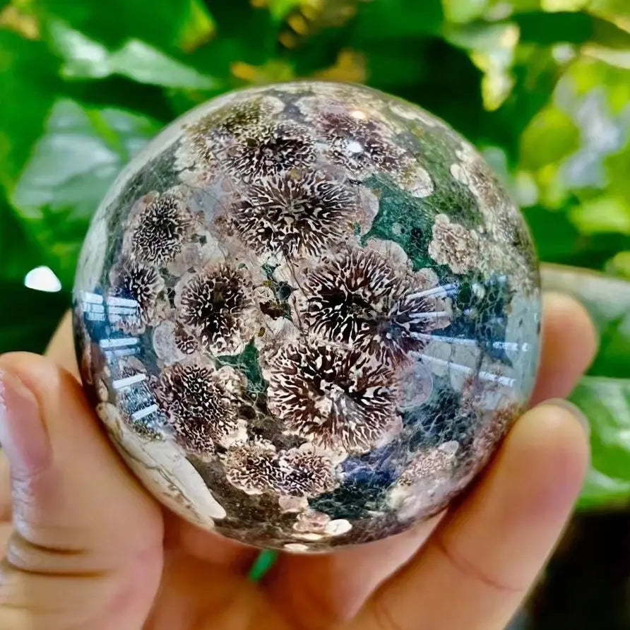 Sphère Agate Fleur de Cerisier Verte 7cm – Boule Énergétique Reiki & Décoration Feng Shui