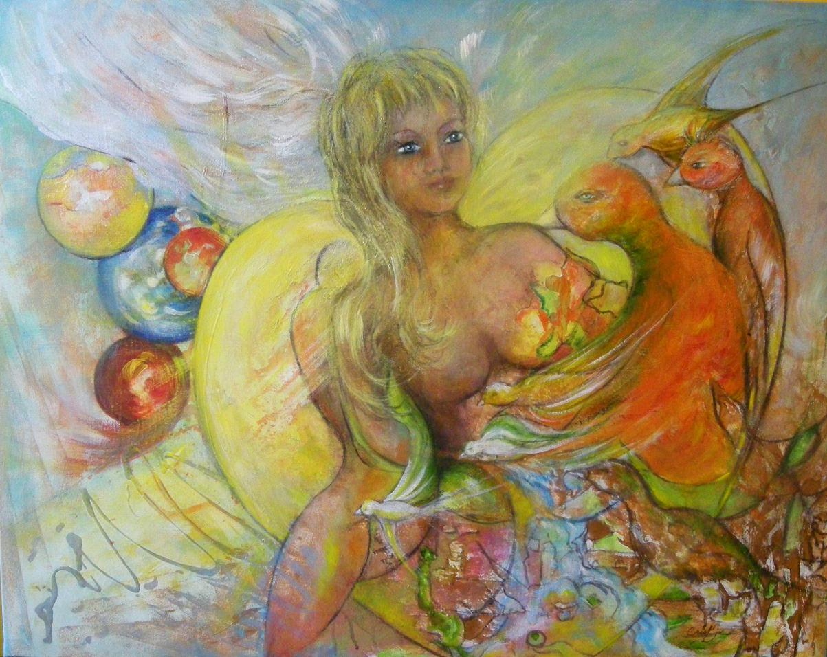 Tableau moderne Fée aux oiseaux 91x73 cm – Peinture inspirée fait main