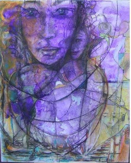 Tableau mural cœur améthyste Peinture semi figurative vibratoire énergétique